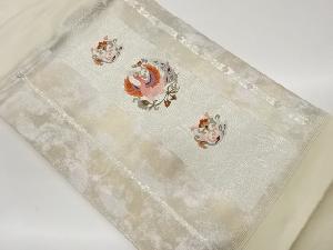 引箔縞に鳳凰・花唐草・波模様織出し刺繍名古屋帯